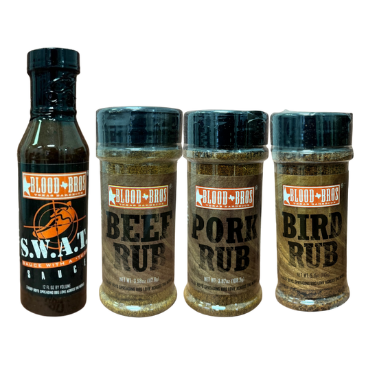 Blood Bros. 4-Pack — 3 Rubs + S.W.A.T. Sauce from Houston's Award-Winning Pit